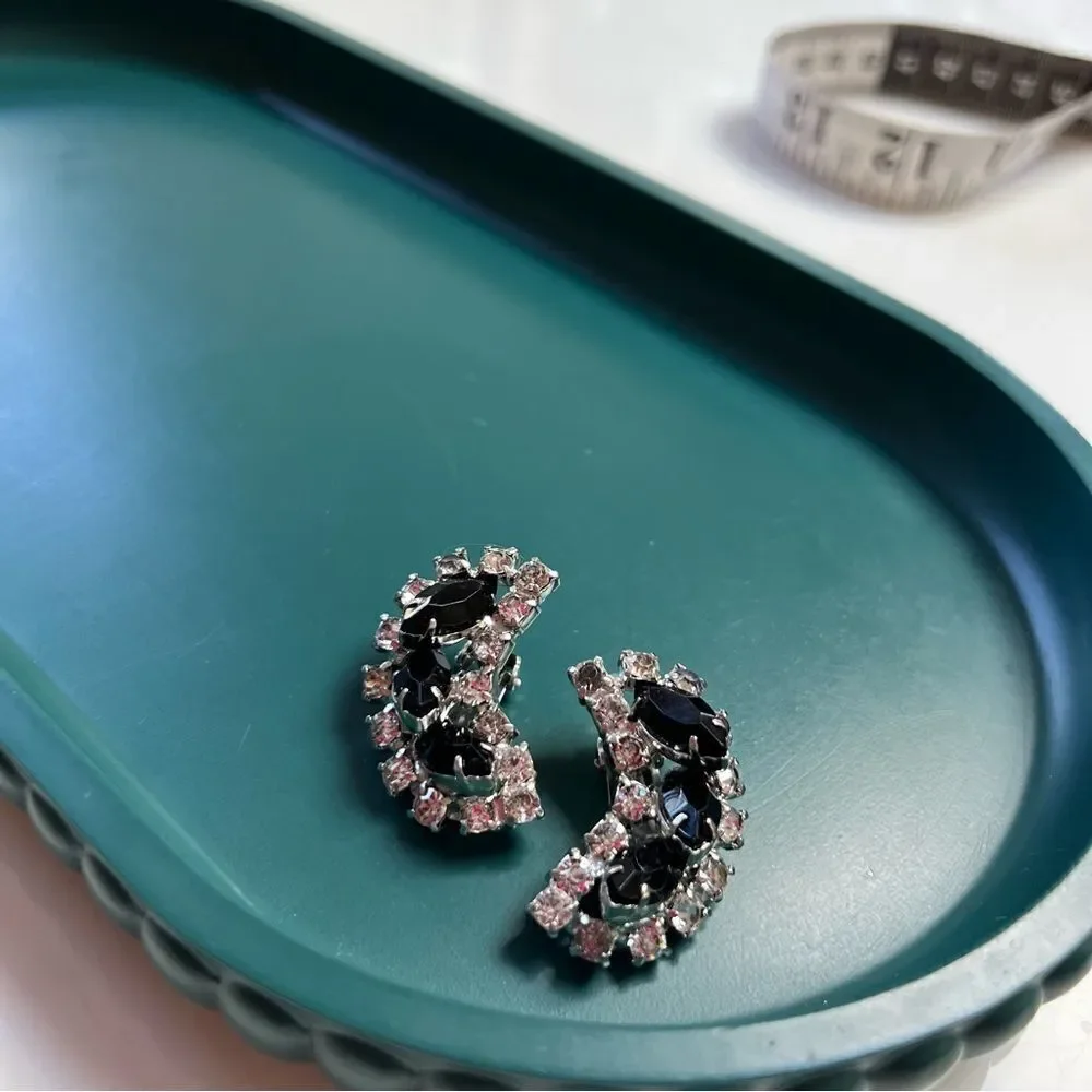 Large Pristine MCM Onyx Crystal Rhinestone Ear Climber Clip On Earrings